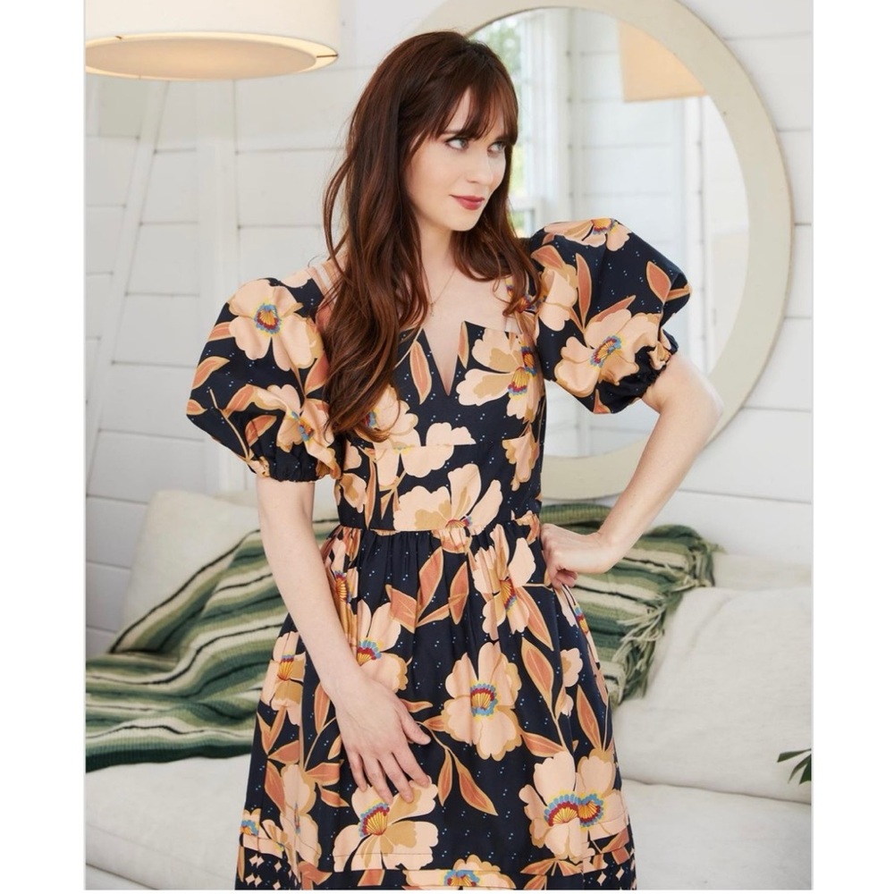 Autumn Adeigbo Bronwyn Dress Floral Puff Sleeve Mini Dress Black Brown Tan 2